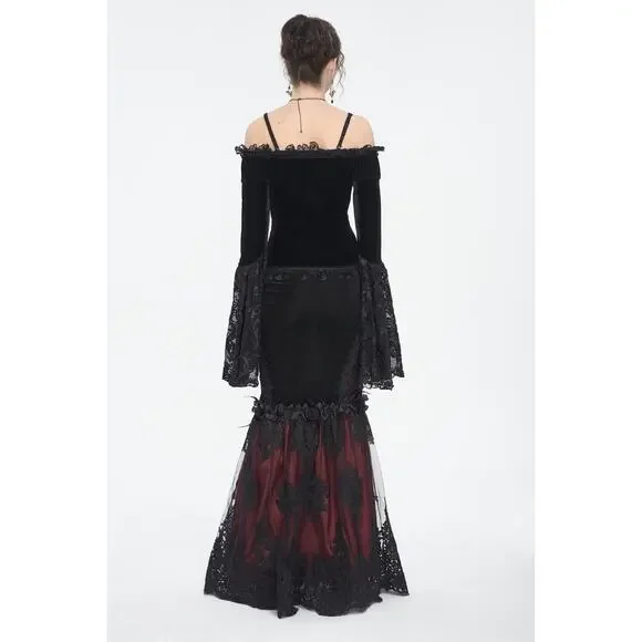 Devil Fashion Gothic Victorian Vampire Black Velvet Beaded Rose & Lace Top - Picture 16 of 16